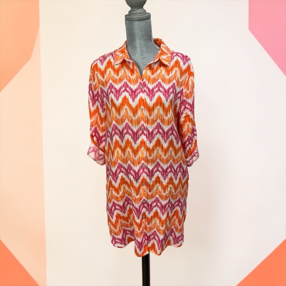 Chico’s Petite Bright Chevron Button-Front Shirt Dress in Orange & Pink, size 2P